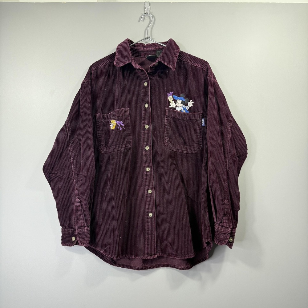 Mickey Unlimited Shirt Womens M Purple Corduroy Button Up Embroidered Mickey